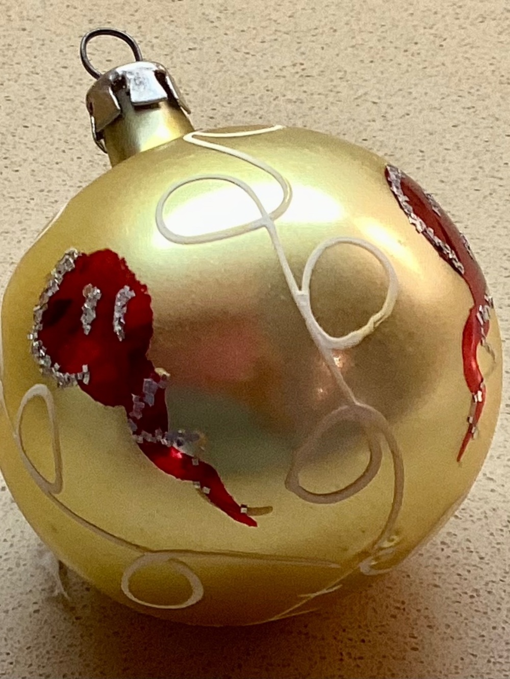 Ornament Christmas Poland 1950s Mica Gold Mercury Glass Red Accents Glitter 2in